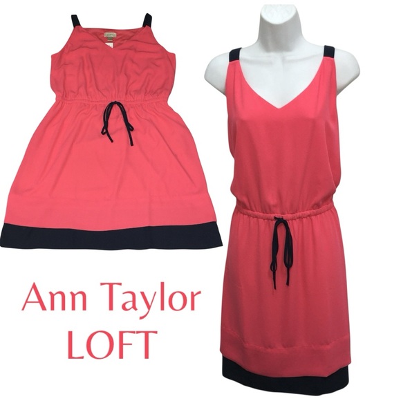 NWT L Ann Taylor LOFT Pink Navy Blue Drawstring Summer Dress - Women Large - Picture 12 of 12